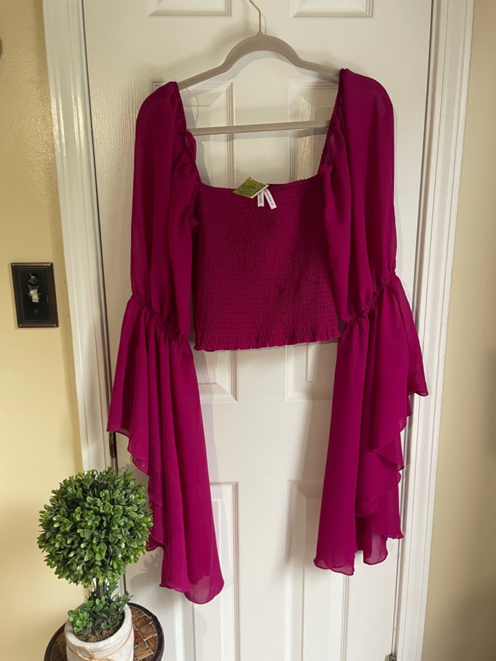 Smocked Magenta Puff Bell Sleeve Boho Festival Blouse